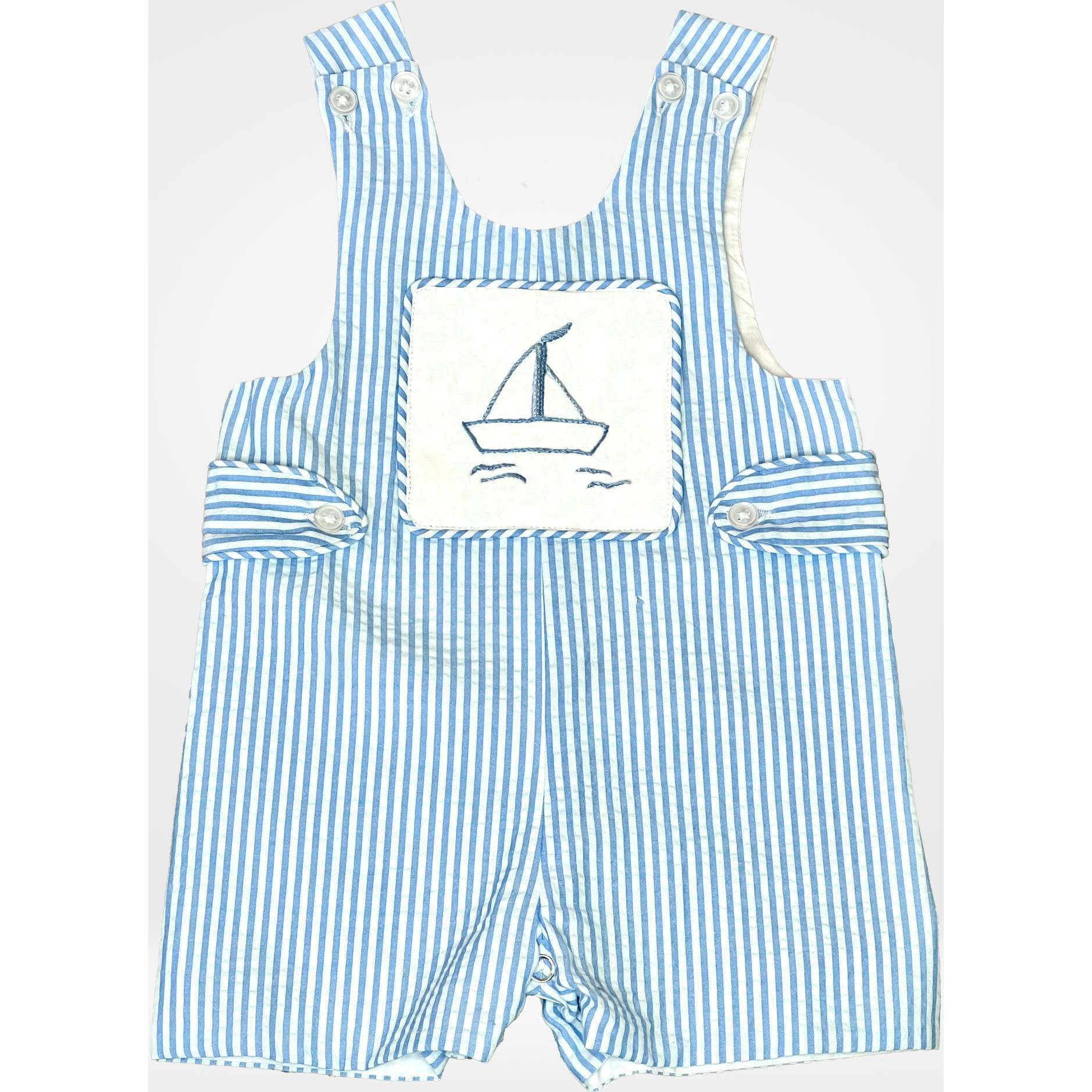Seersucker Sailboat Jon Jon, Blue and White - Rompers - 1