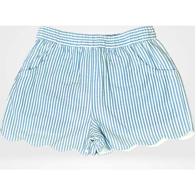 Seersucker Scalloped Shorts, Blue and White