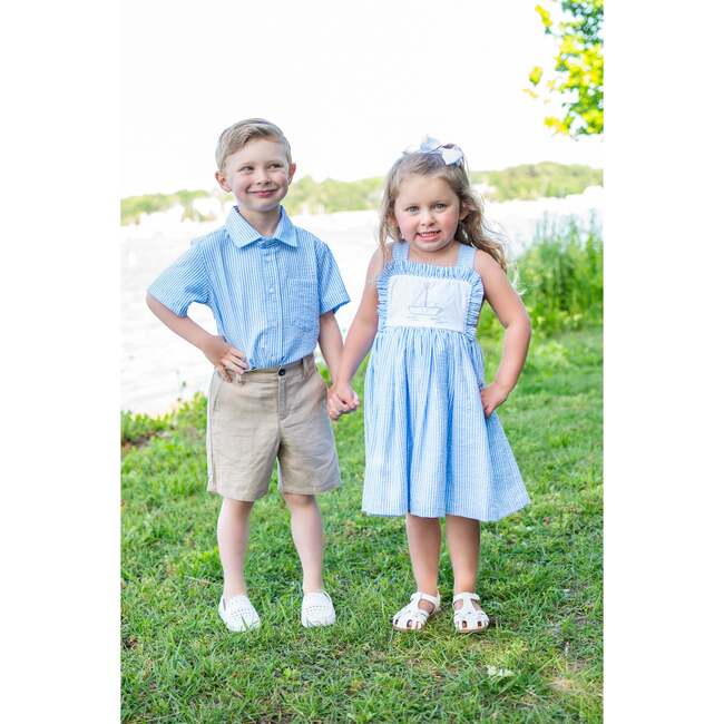 Seersucker Sailboat Dress, Blue and White and Pink - Dresses - 3