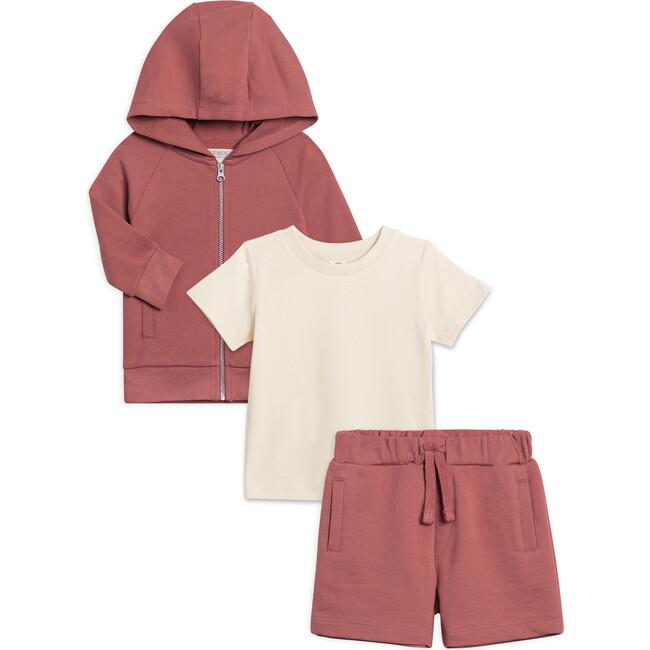 3-piece KENDI French Terry Zip Up and Shorts Set, Berry