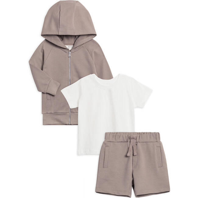 3-piece KENDI French Terry Zip Up and Shorts Set, Pebble