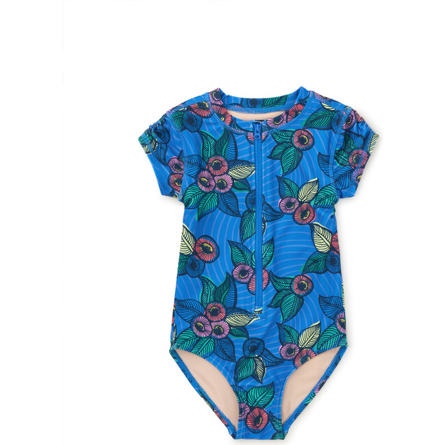 Short Sleeve Zipped Rash Guard One-Piece Swimsuit, African Jewel Floral
