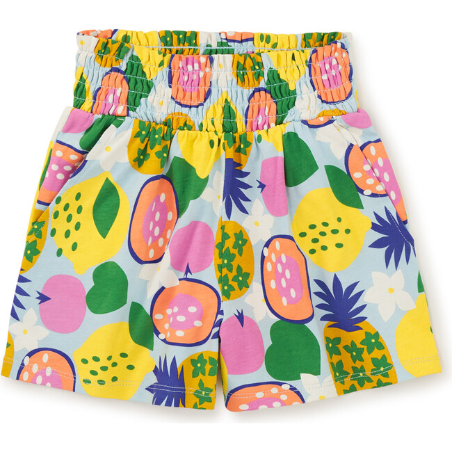 Paperbag Smocked High-Waist Mid-Thigh Shorts, Tropical Fruits