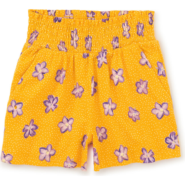 Paperbag Smocked High-Waist Mid-Thigh Shorts, Desert Rose