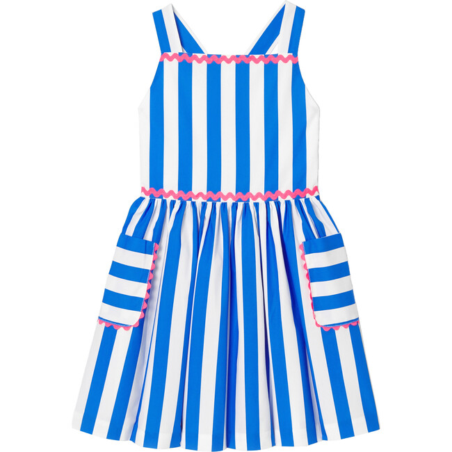 Girl Striped Cross-Over Strap Dress, White & Blue
