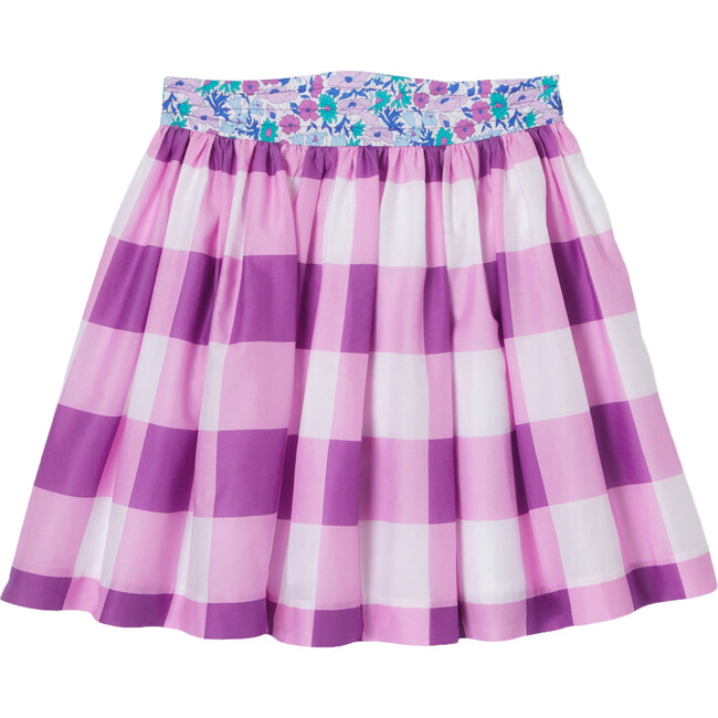 Girl Gingham Gathered Waist Skirt, White & Purple