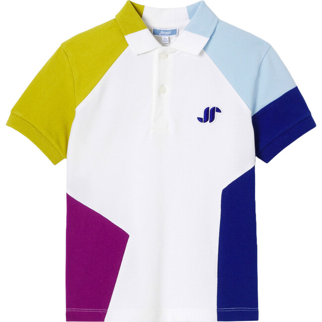 Boy Embroidered Cotton Pique Polo Shirt, White & Multicolours