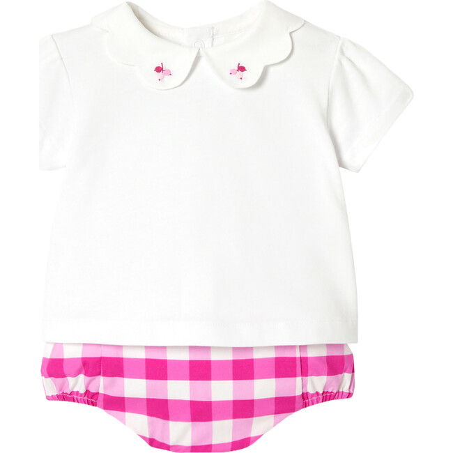 Baby Girl Embroidered Ruffle Bloomer Set, White & Pink
