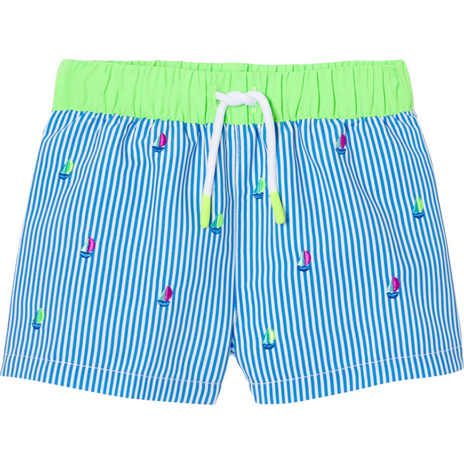 Baby Boy Embroidered Swim Shorts, Blue & White