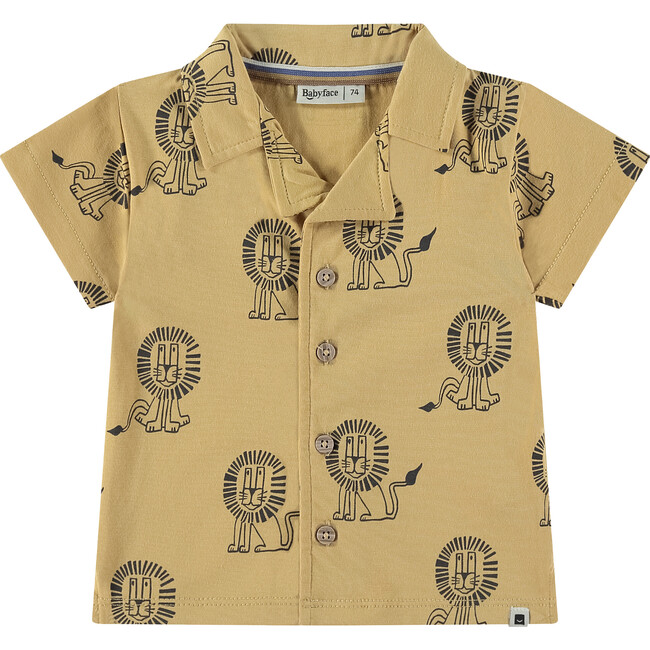 Lions Print Collar Neck Short Sleeve Shirt, Mustard Ochre