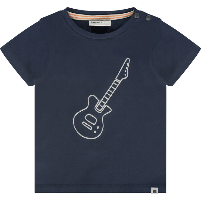 Guitar Print Round Neck Short Sleeve T-Shirt, Indigo