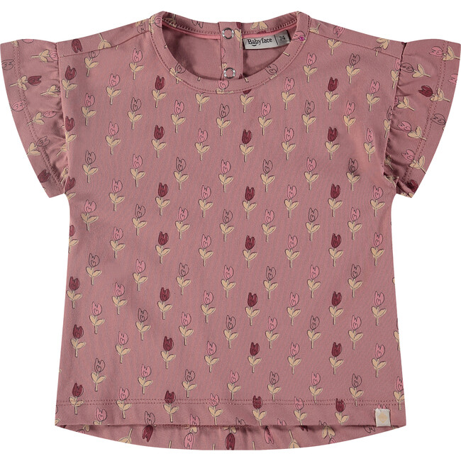 Flower Print Short Ruffle Sleeve T-Shirt, Pink Blossom
