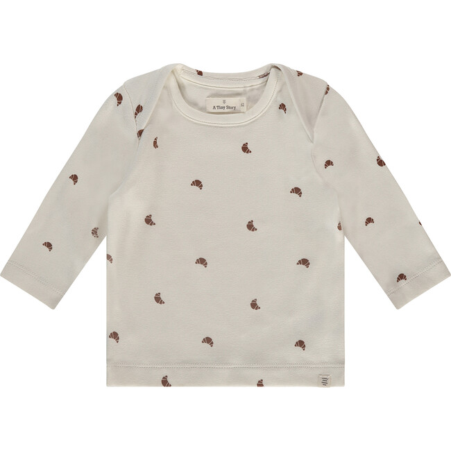 Crossiant Print Round Neck Long Sleeve T-Shirt, Cream