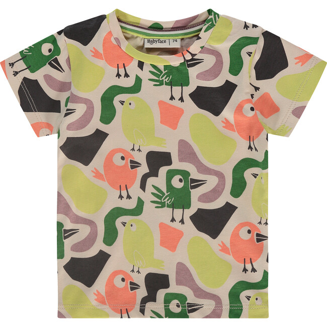 Colorful Bird Print Round Neck Short Sleeve T-Shirt, Cream & Multicolors