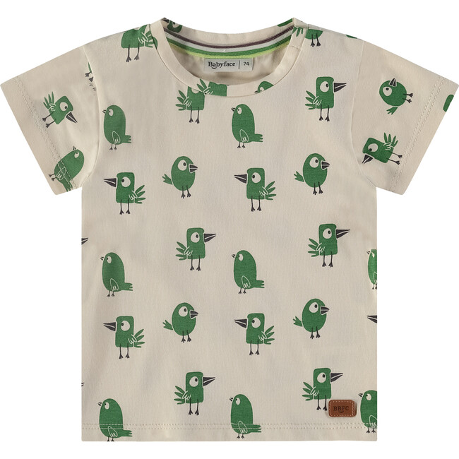 Birds Print Short Sleeve T-Shirt, Green & Cream