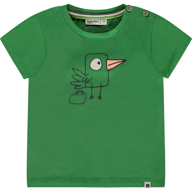 Bird Print Round Neck Short Sleeve T-Shirt, Grass Green