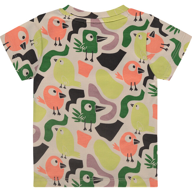 Colorful Bird Print Round Neck Short Sleeve T-Shirt, Cream & Multicolors - T-Shirts - 2