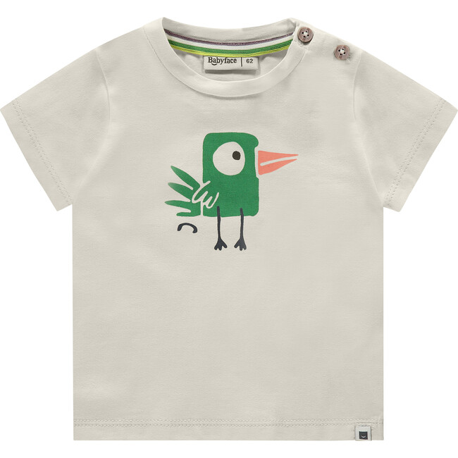 Bird Print Round Neck Short Sleeve T-Shirt, Cream