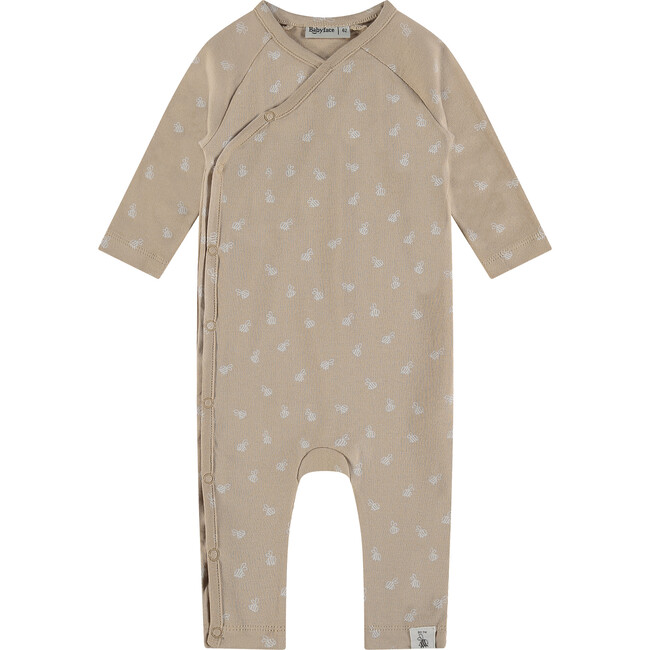 Bee Print Long Sleeve Snap Romper, Beige