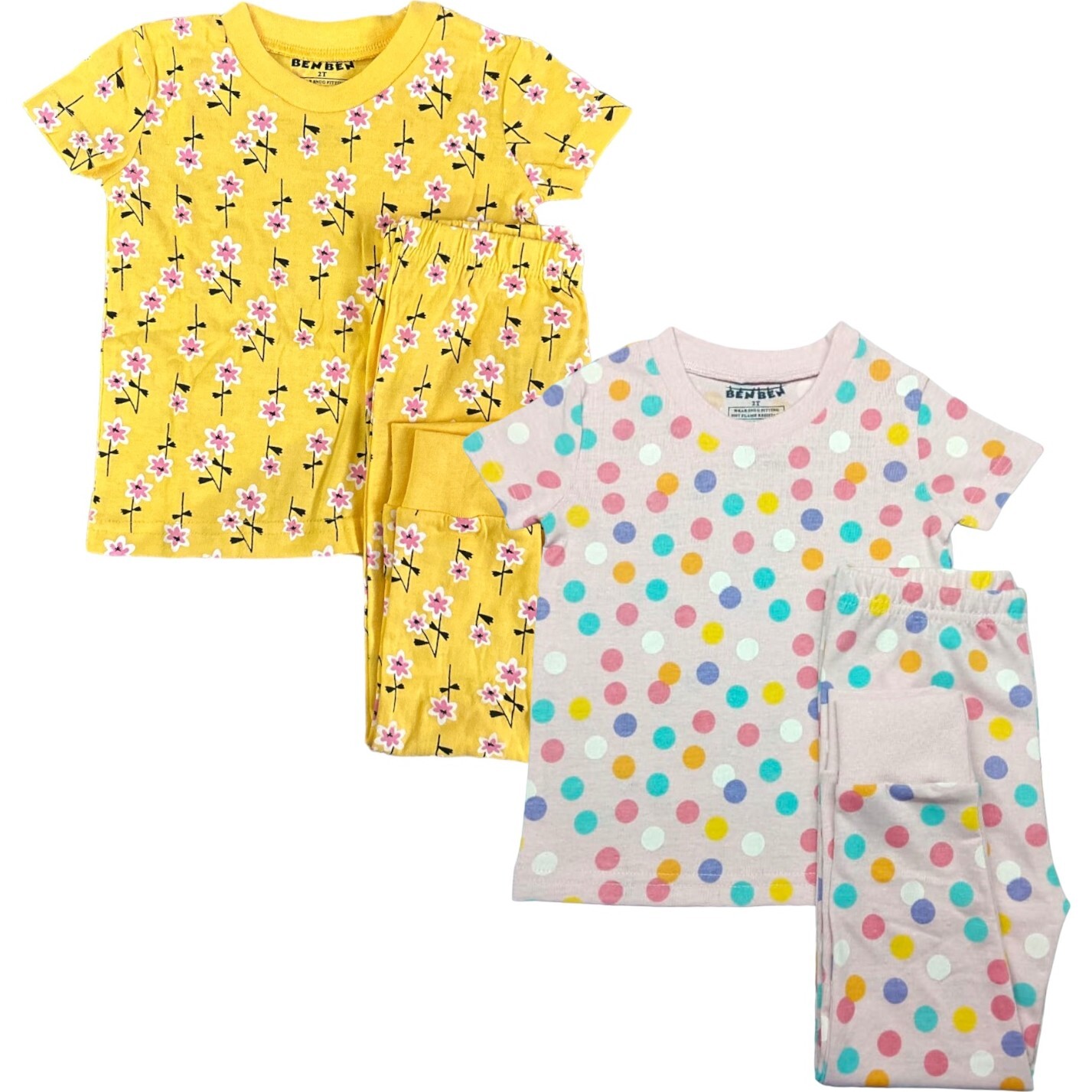 Kids 2-Pack Short Sleeve Pajamas, Yellow Flowers/Colorful Dots - Pajamas - 1
