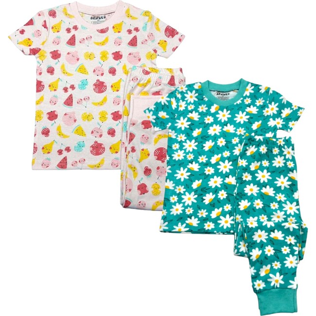 Kids 2-Pack Short Sleeve Pajamas, Fruits/Sunflowers