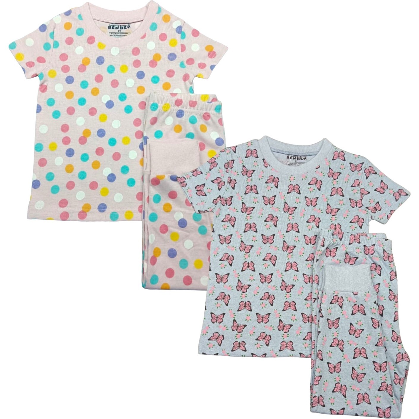 Kids 2-Pack Short Sleeve Pajamas, Colorful Dots/Butterflies - Pajamas - 1