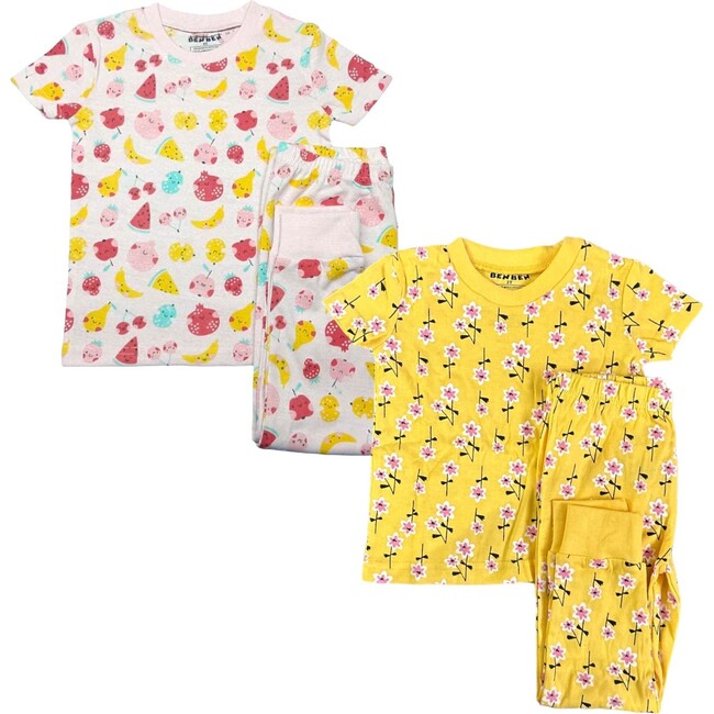 Kids 2-Pack Short Sleeve Pajamas, Yellow Flowers/Fruits
