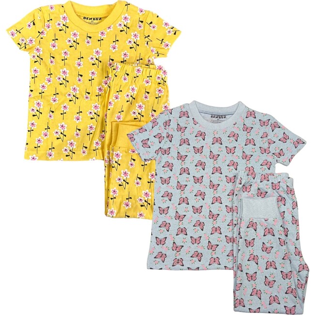 Kids 2-Pack Short Sleeve Pajamas, Yellow Flowers/Butterflies