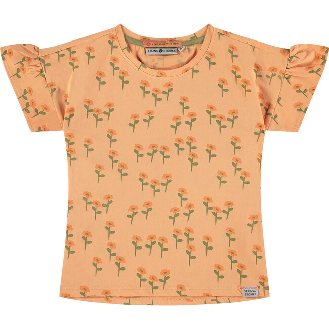 Flowers Print T-Shirt, Cantaloupe Orange