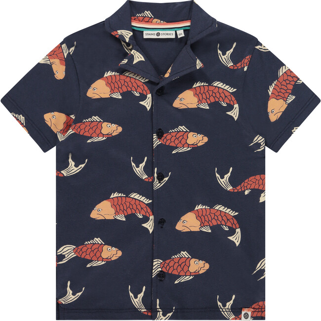 All Over Koi Fish Printed Short Sleeve Button Up Shirt, Navy