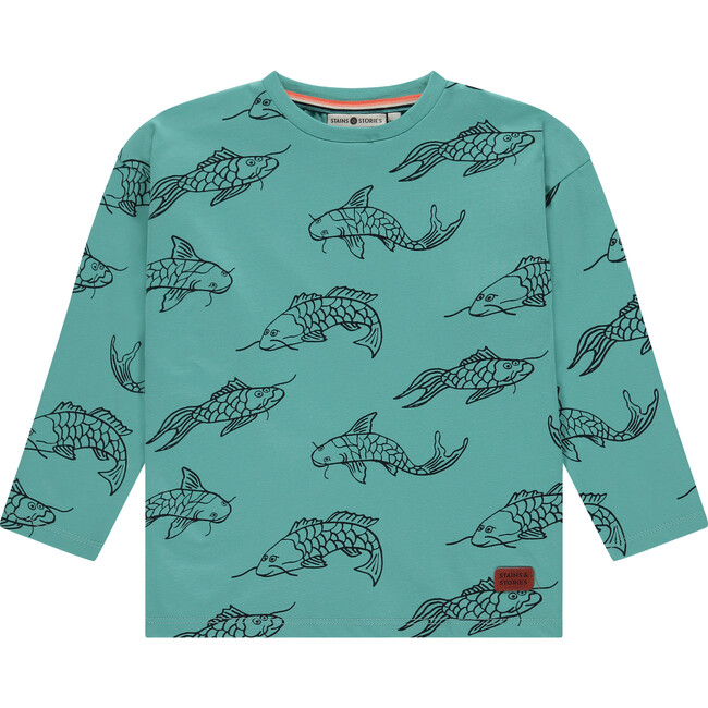 All Over Koi Fish Printed Long Sleeve Shirt,Turquoise