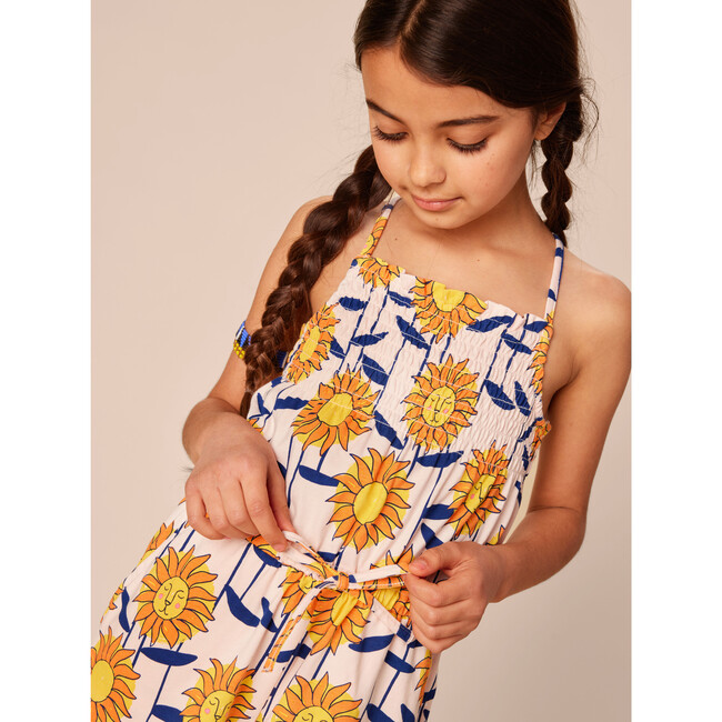 Smocked Sleeveless Cross-Back Strap Romper, African Sunflowers - Rompers - 3