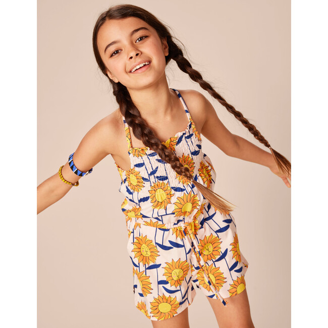Smocked Sleeveless Cross-Back Strap Romper, African Sunflowers - Rompers - 6
