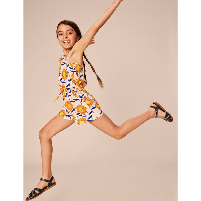 Smocked Sleeveless Cross-Back Strap Romper, African Sunflowers - Rompers - 8