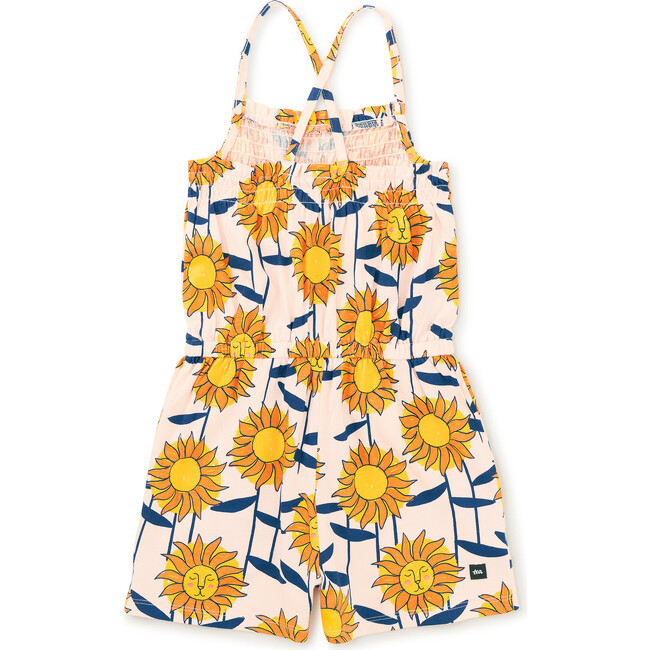 Smocked Sleeveless Cross-Back Strap Romper, African Sunflowers - Rompers - 9