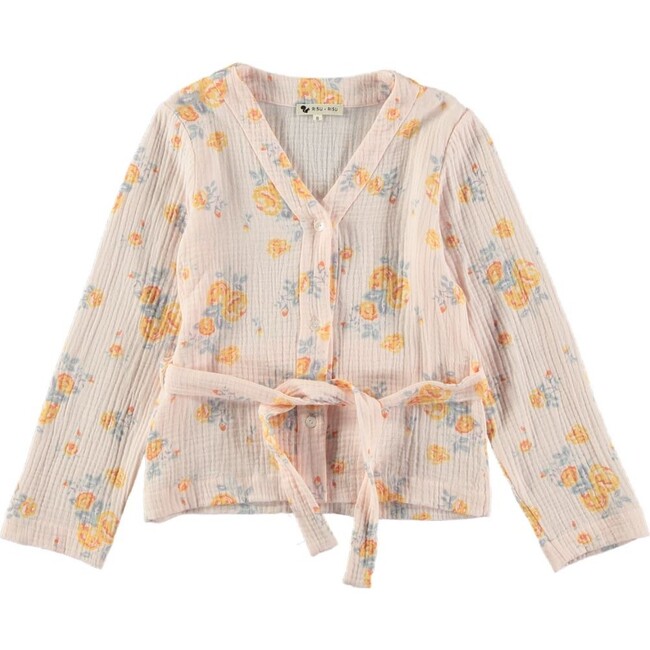 Luna Giverny Floral Print Kimono Tie Belt Waist Jacket, Peach