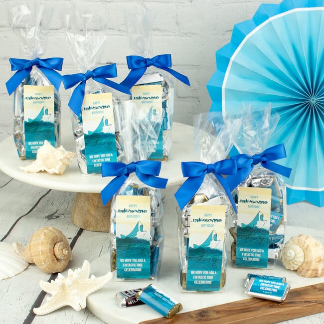 Happy Birthday Shark Party Favor Bag & Bow with Wrapped Hershey's Miniatures, Set of 6 - Favors - 2