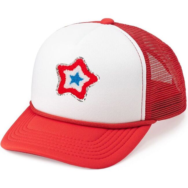 Patriotic Star Patch Trucker Hat, Red