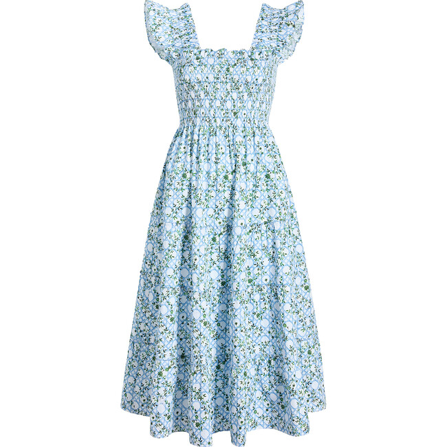 Women's Ellie Basketweave Vine Print Ruffle Shoulder Tiered Nap Dress, Blue