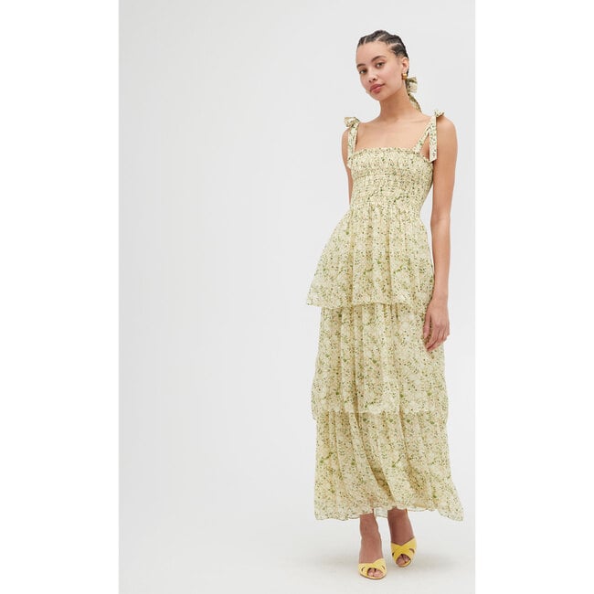 Women's Elise Basketweave Vine Print Ribbon Tie Nap Dress, Yellow - Dresses - 2