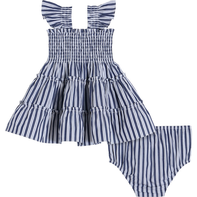 Baby Girls Ellie Striped Ruffle Shoulder Tiered Nap Dress Set, Navy