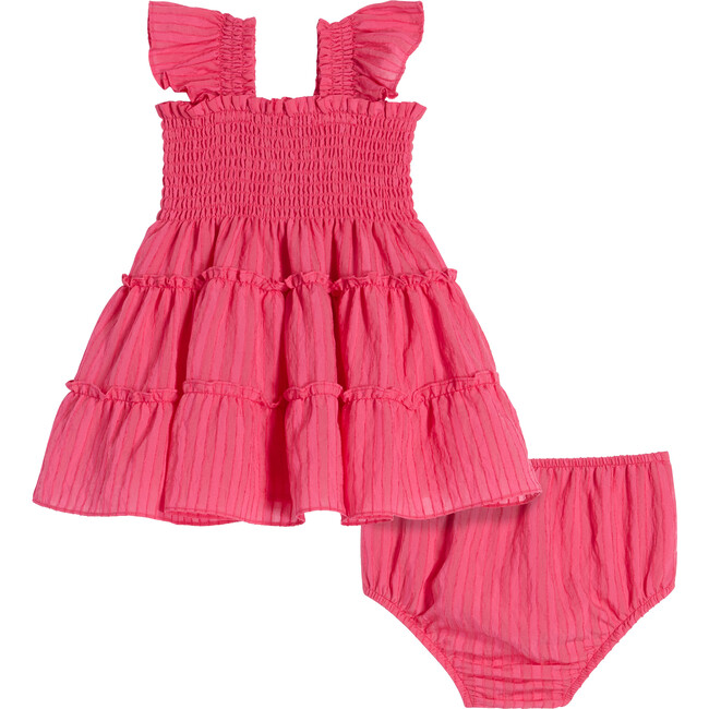 Baby Girls Ellie Tonal Seersucker Ruffle Shoulder Tiered Nap Dress Set, Watermelon