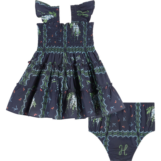 Baby Girls Ellie Floral Print Ruffle Shoulder Tiered Nap Dress Set, Navy