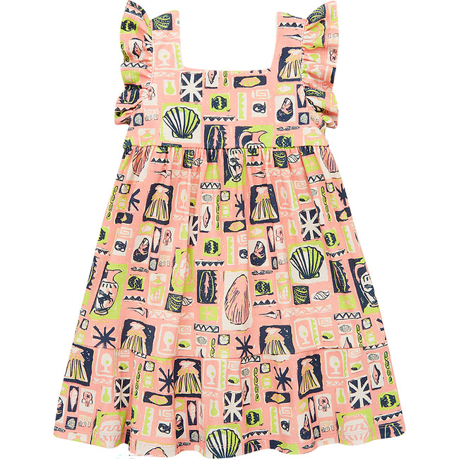 Graphic Print Square Neck Ruffle Sleeve A-Line Dress, Flamingo