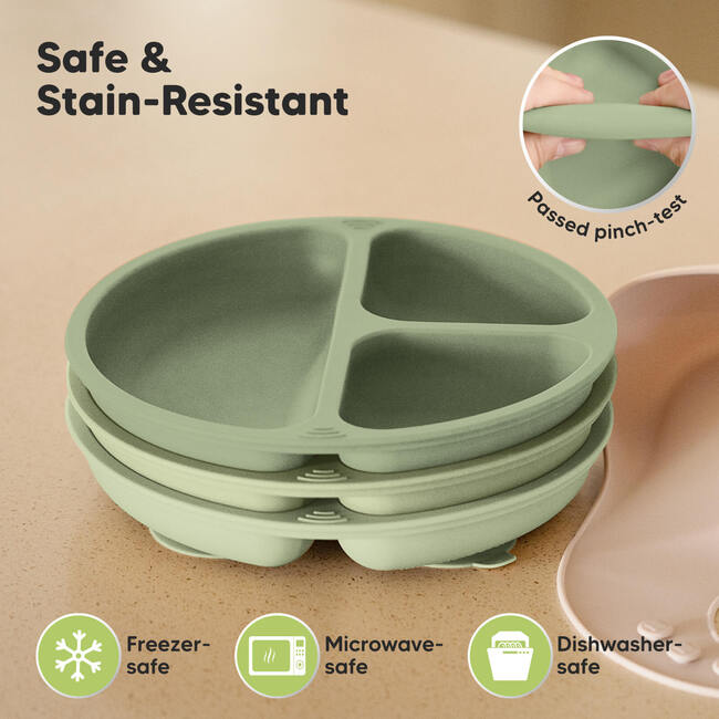 Baby BPA-Free Prep Silicone Suction Plate, Sage (Pack of 3) - Food Storage - 5