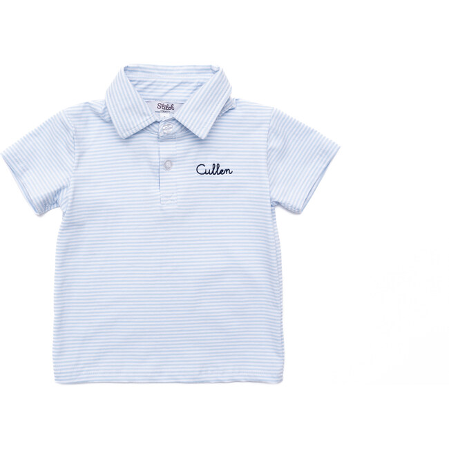 Custom Embroidered Striped Cotton Polo Shirt, Light Blue