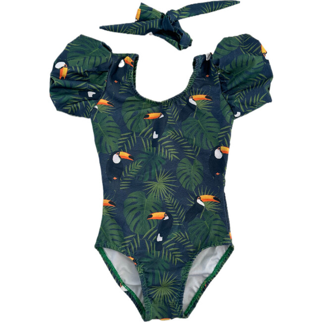 Lola Short Puff Sleeve One-Piece Swimsuit & Hair Band Set, Tropical Toucan