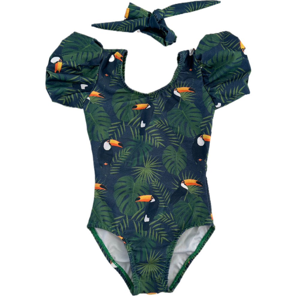Lola Short Puff Sleeve One-Piece Swimsuit & Hair Band Set, Tropical Toucan - One Pieces - 1