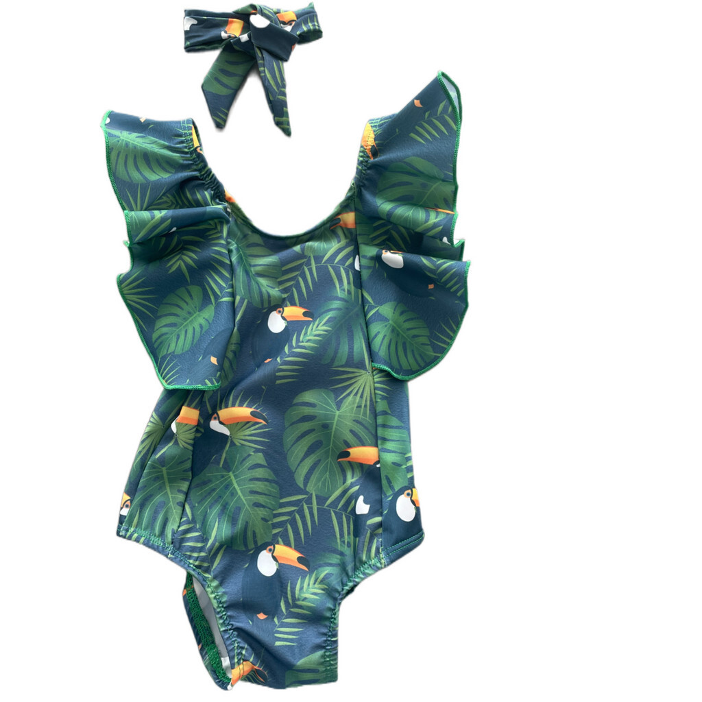Juli Ruffle Shoulder One-Piece Swimsuit & Hair Band Set, Tropical Toucan - One Pieces - 1