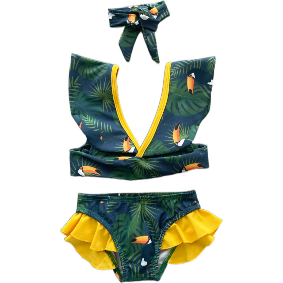 Alessandra V-Neck Ruffle Shoulder Bikini & Hair Band Set, Tropical Toucan - Two Pieces - 1